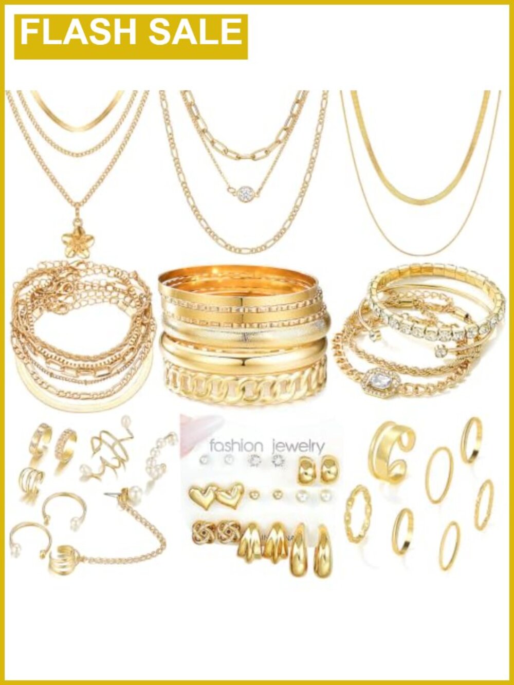 52 Piece Gold Plated Jewelry Set Necklaces Bangles Earrings Rings Adjustable